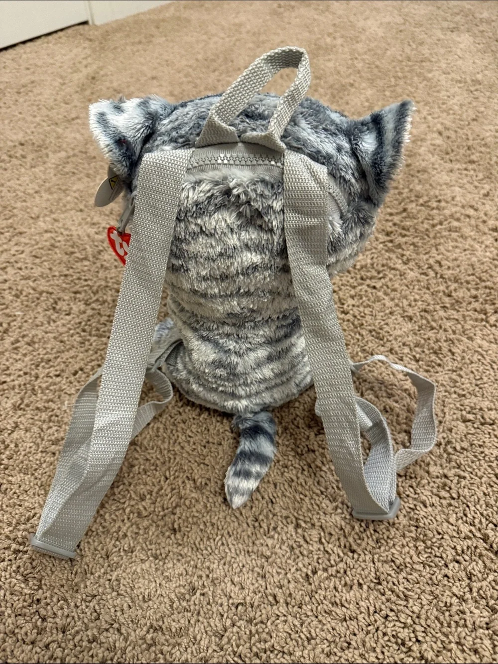 Ty Plush Gray Striped Cat Backpack with Pink Accents